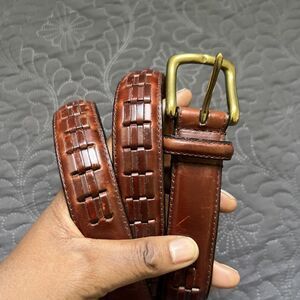 John Henry Full Grain Oil Tan Cowhide Leather Belt SZ38 Brown Woven w/Brass Buck